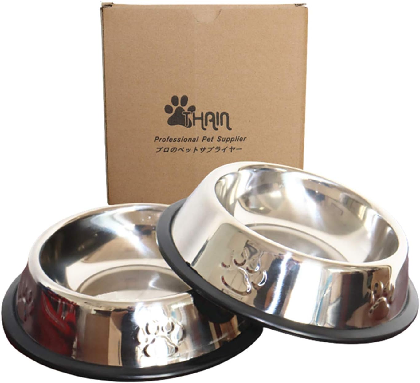 THAIN 2Pcs Cat Bowl Pet Bowl Stainless Steel Cat Food Water Bowl Non-Slip Rubber Base Small Pet Bowl Cat Feeding Bowls (Set of 2