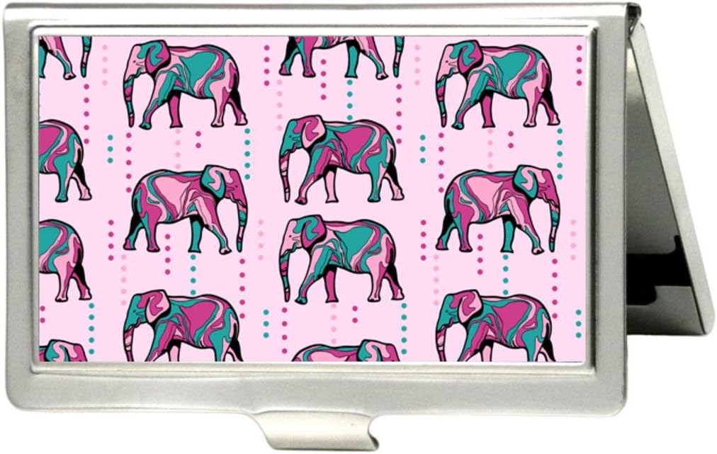 Udoosun Floral Elephants and Pink Dots Custom Business Bank Name Card Case Holder Silver Box Pocket Credit Card ID Wallet