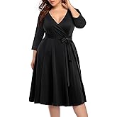Pinup Fashion Women's Plus Size Faux Wrap V Neck 3/4 Sleeve Fit and Flare Wedding Guest Casual Party Midi Dress