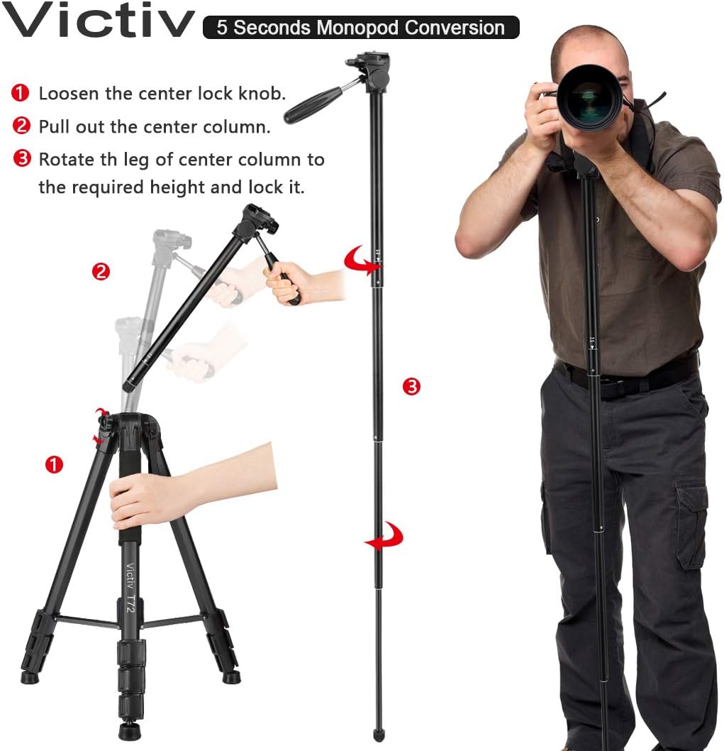 Victiv 72-inch Camera Tripod Aluminum Monopod T72 Max. Height 182 cm - Lightweight and Compact for Travel with 3-way Swivel Head and 2 Quick Release Plates for Canon Nikon DSLR Video Shooting - Black : Camera & Photo