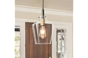 Vaziden Modern Glass Pendant Lighting for Kitchen Island, Farmhouse Black and Gold Pendant Light Fixtures 1 Pack, Adjustable Hanging Ceiling Light Angled Clear Glass Shades 8 Inch