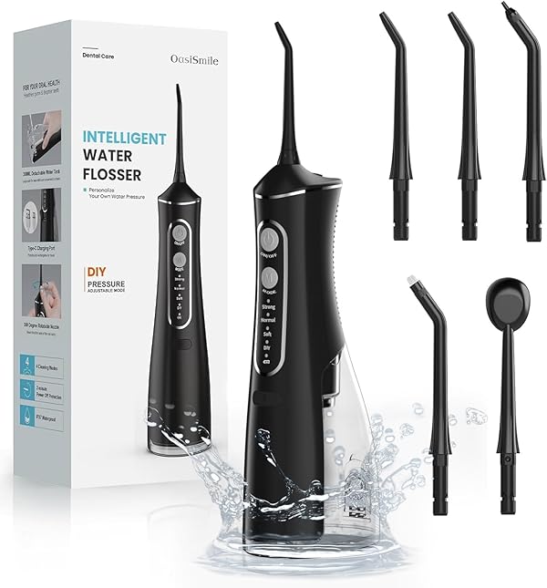 OasiSmile Munddusche Kabellos Elektrisch, Munddusche Testsieger 2026, 4 Modi DIY Druck & 5 360° Jet-Tipps zur Täglichen Tiefenreinigung, 300ML Oral Irrigator, IPX7 Wasserdicht für Reise & Zuhause