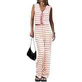 Tankaneo Womens Crochet Sets 2 Piece Outfits Tie Front Sleeveless Vest Tops Wide Leg Pants Striped Knit Y2K Matching Sets