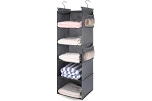 MAX Houser 5 Shelf Hanging Closet Organizer, Space Saver, Cloth Hanging Shelves with 4 Side Pockets, Foldable, Grey