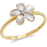 14k Two-Tone Gold Solitaire Diamond Rope Band Hawaiian Plumeria Flower Ring