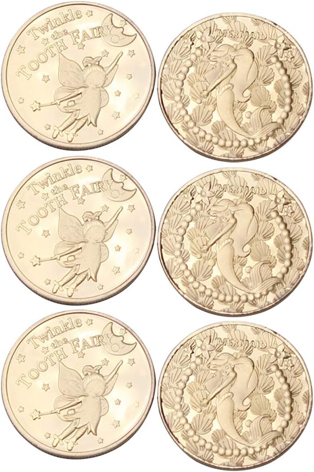 Exttlliy Zinc Alloy Tooth Fairy Gold Coin Baby Reward Golden Coins Special Fairy Money Experience for Lost Tooth Kids (Front Tooth Fairy Opposite Mermaid)