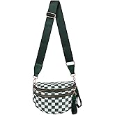 Green and White Checkered Crossbody Bag, Travel Bum Bag with Multiple Zipper Pockets, Nylon Sling Fanny Pack with Adjustable Strap, Lightweight Casual Shoulder Purse for Women Everyday Use