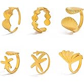 nylry 6pcs Gold Summer Beach Rings Set Seashell Ring for Women Beachy Rings Stainless Steel Adjustable Surfer Sell Starfish Stacking Ring Summer Accessories Beach Jewelry for Women