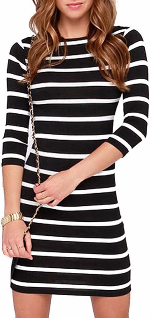YXTech Women Summer Striped Sexy Dress 3/4 Sleeve Casual Knee Length Dress