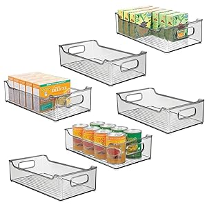 mDesign Wide Stackable Plastic Kitchen Pantry Cabinet, Refrigerator or Freezer Food Storage Bin Box Basket with Handles - Organizer for Fruit, Yogurt, Snacks, Pasta - 14.5" Long - 6 Pack - Smoke Gray