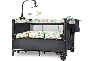 AFGBF Baby Bassinet Bedside Sleeper with Diaper Changer, 5 in 1 Pack and Play, Portable Baby Crib with Carry Bag, Baby Playard with 4 Adjustable Height, Easy to Install