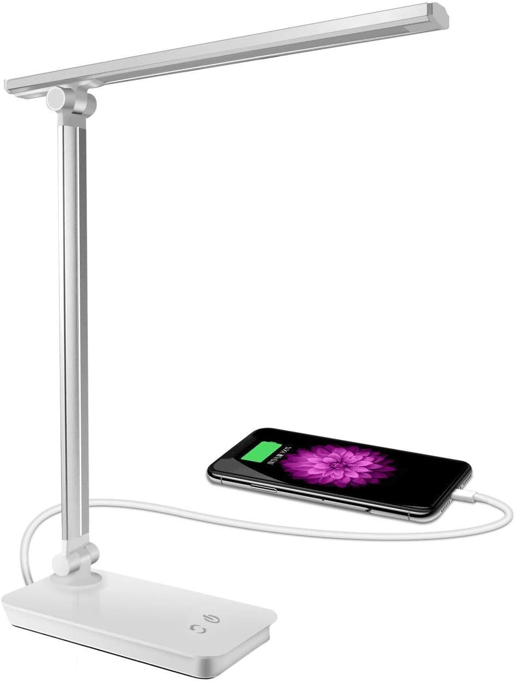 XIANRUI LED Desk Lamp Light, Dimmable Eye-Caring Folding Table Lamps with USB Charging Port,3 Lighting Models 5 Color Temperature Touch Control for Home Office Study Reading Bedroom Lamps (Silver)