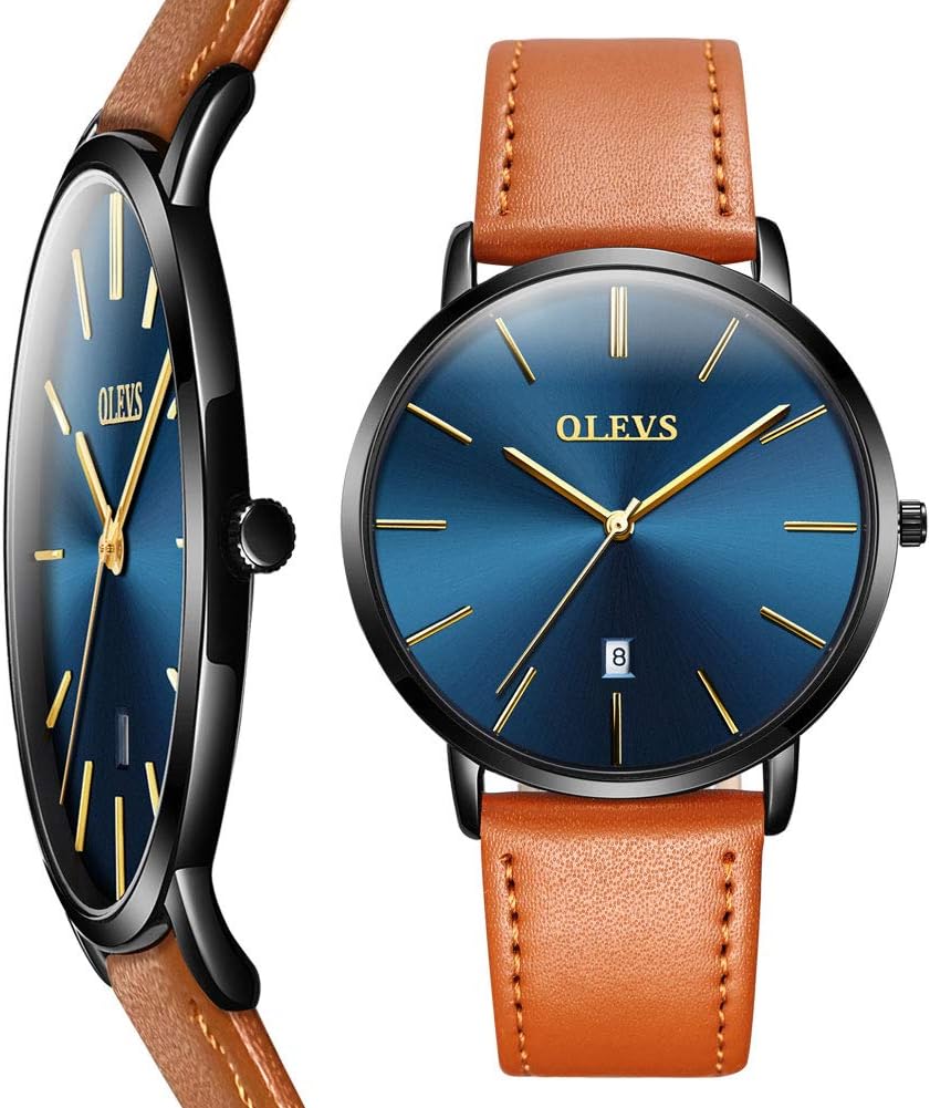 OLEVS Watch Mens Leather Wrist Watch for Men Fashion Classic Waterproof Thin Watches Quartz Minimalist Watch Man Luxury Dress Wristwatch Men's with Date