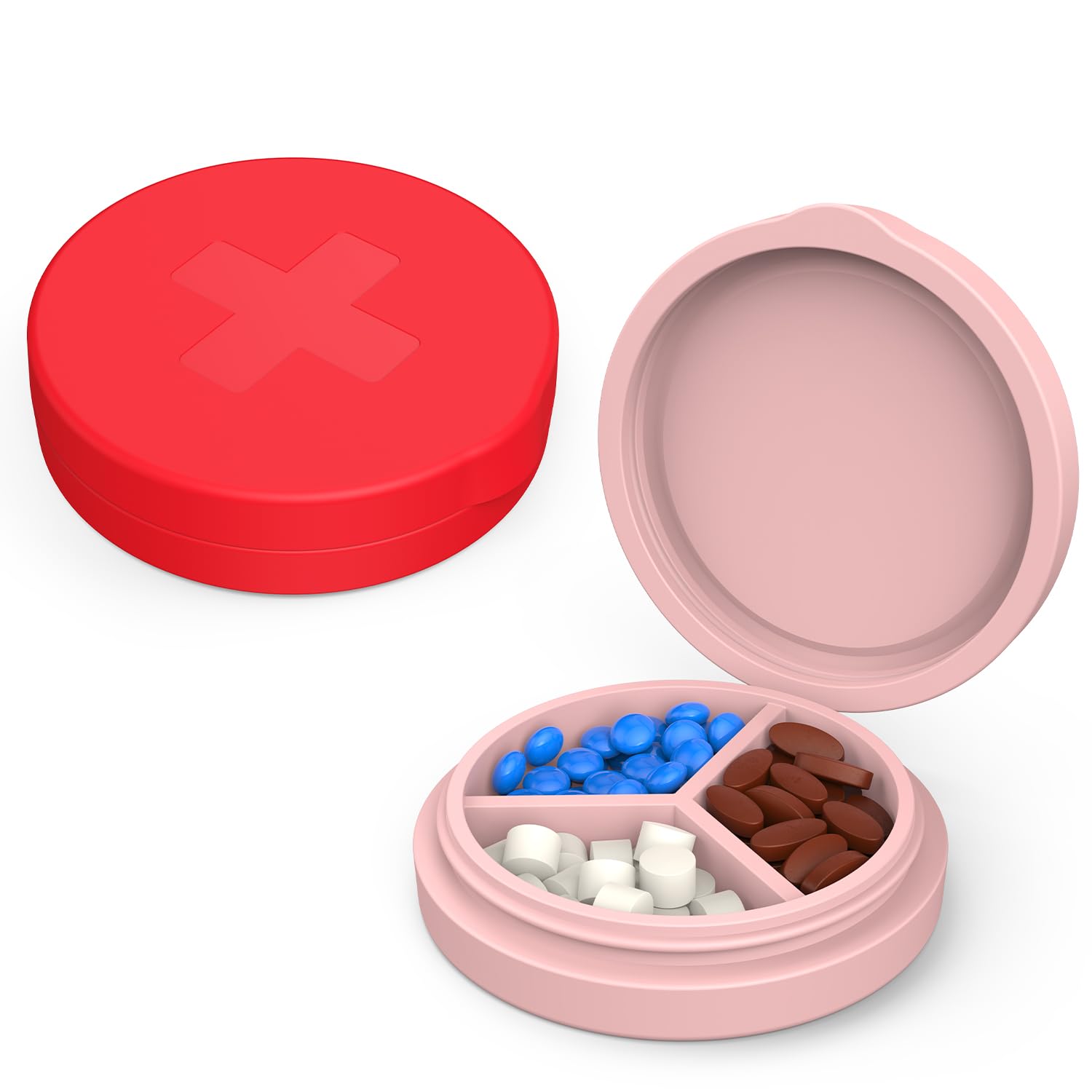 Photo 1 of 2 Pack Small Pill Box,3 Compartment Round Silicone Travel Pill Box for Purse Pocket, Waterproof Portable Compact Medicine Holder for Vitamin, Cod Liver Oil, Supplement (Red+Pink)