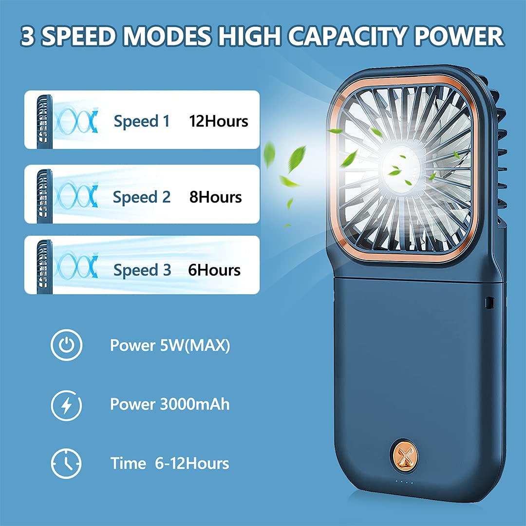 Portable Handheld Personal Necklace Fan Foldable Mini Quiet USB Rechargeable Fan With Mobile phone bracket function, 3000mAh Power Bank Hands Free Necklace Fans (Upgrade Blue)