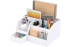 FEMELI Office Desk Organizer and Accessaries,Acrylic Desk Organizer with 8 Compartments +1 Drawer(White)