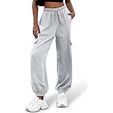 ELLEVEN High Waisted Sweatpants for Women - Baggy Cuffed Jogger with Cargo Pockets and Adjustable Drawstring