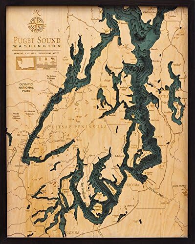 Puget Sound, Washington 3-D Nautical Wood Chart, 24.5 x 31