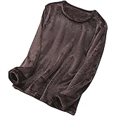 Women's Fuzzy Pajama Tops Long Sleeve Round Neck Flannel Pj Fall Winter Warm Solid Loose Pullover Fashion Sleepwear