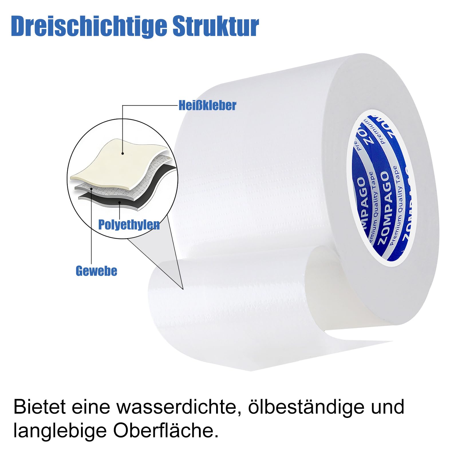 ZOMPAGO Panzertape, 45mm x 10m, Starkes Gewebeband 280μm, Wasserdichtes, Handreißbar Klebeband zum Reparieren, Befestigen, Bündeln, Verstärken oder Abdichten, Weiß 4