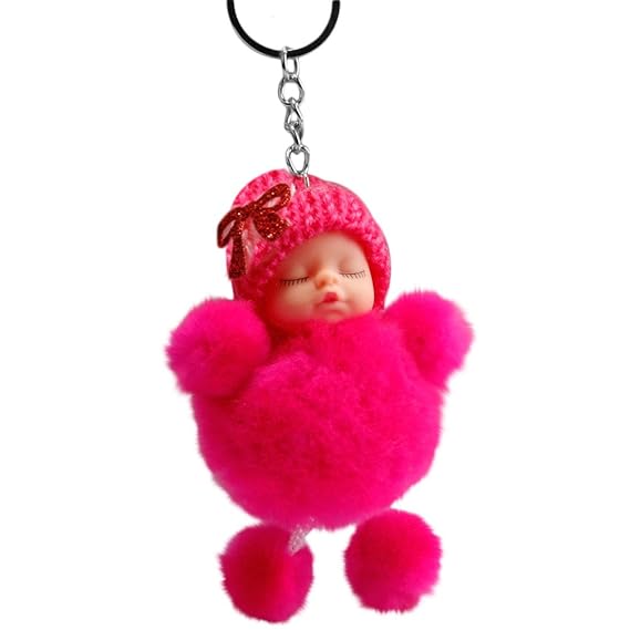 Quaan Niedliche schlafende Babyfliege Flauschige Pompon Pelz Plüsch Puppe Keychain Keyring Schlüsselanhänger