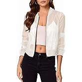 Fisoew Women's Crop Mesh Sheer Bomber Jackets Lightweight Long Sleeve Zip Up Jacket Outwear