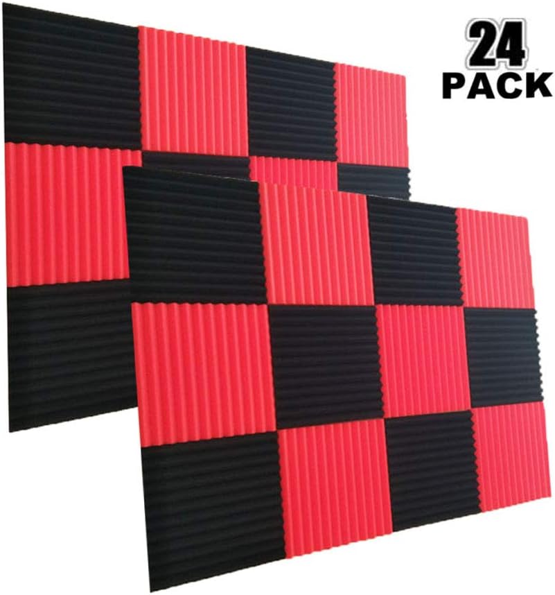 24 Pack- Charcoal Acoustic Panels Studio Soundproofing Foam Wedges Tiles Fireproof 1" X 12" X 12" (Black&Red)