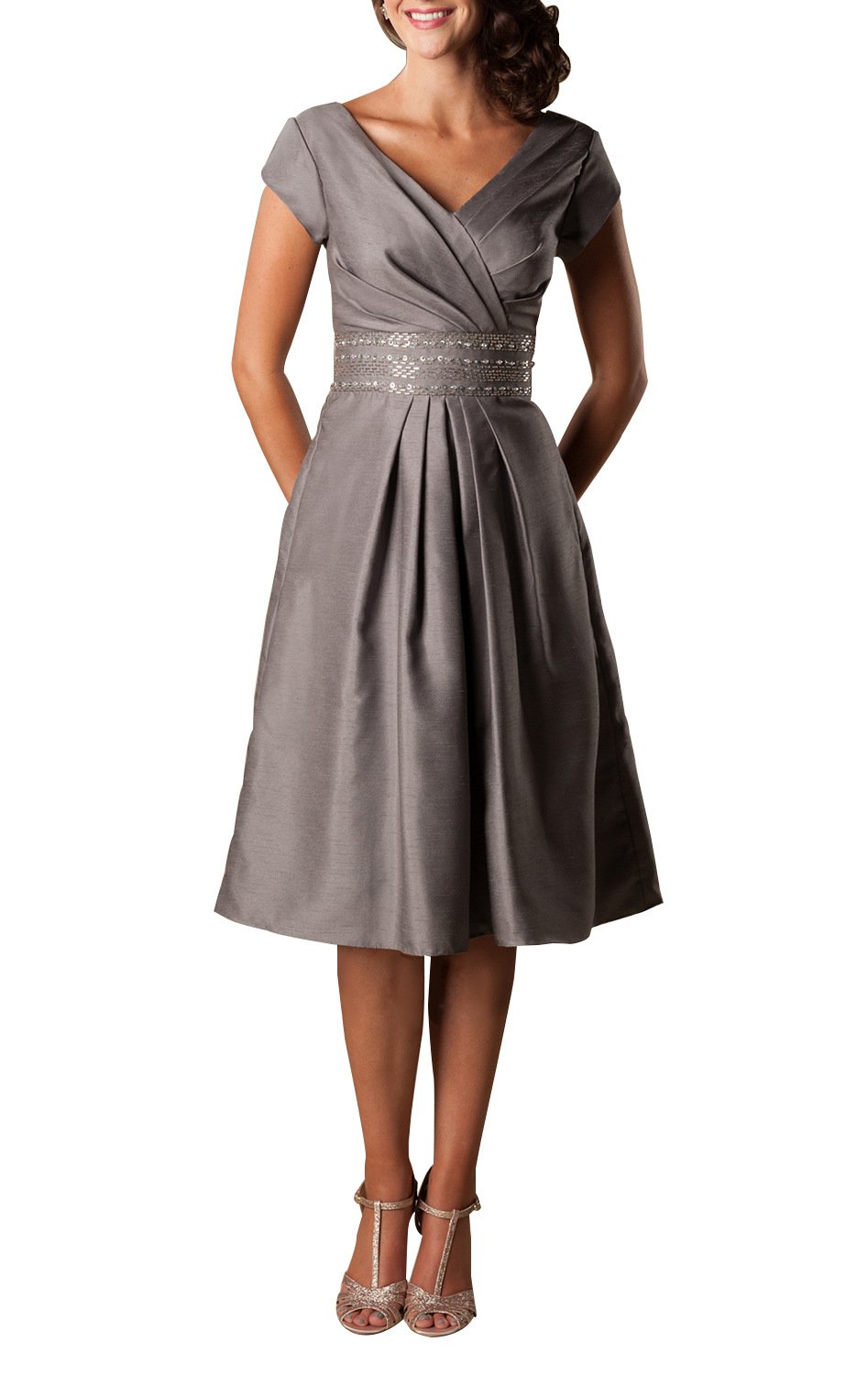 V Neck Short Satin Mother of The Bride Dress Tea Length Cap Sleeve