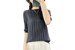 Women's Half Sleeve Crewneck Pullover Striped Wool Knit Top Basic Casual Tee Comfortable Spring Summer Blouse