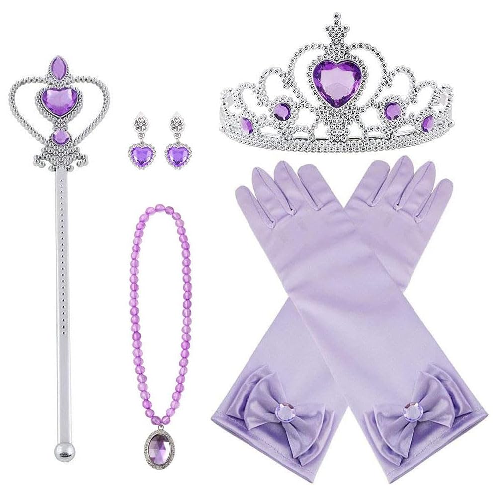 Vicloon Princess Dress Up Accessories, 7PCS Princess Costumes Set, Included Princess Crown, Gloves, Magic Wand, Necklace, for Kids Girls Halloween Party Cosplay Set for 3-9 Years - Purple