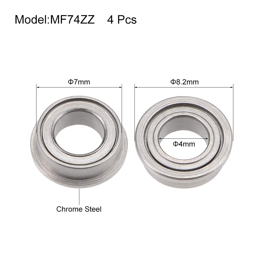 sourcing map MF74ZZ Flanged Ball Bearing 4x7x2.5mm Shielded Chrome Steel Flange Rip Bearings 4pcs, MF74ZZ (4Qty) - Image 3