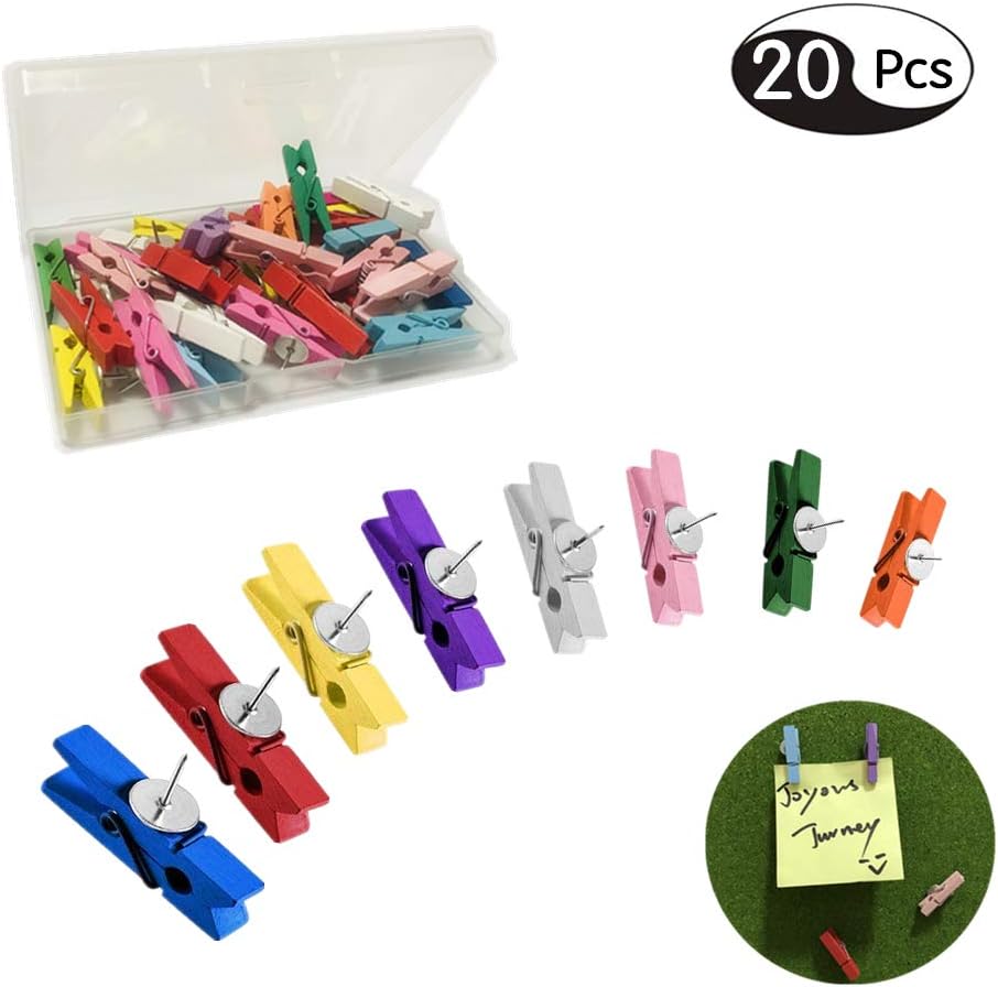 Colorful Push Pins Clips, Decorative Paper Wood Clips with Thumbtacks for Bulletin Board/Note Board (20)