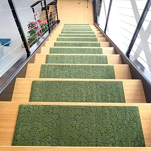 Designer Indoor Stair Mats, Ultra-Thin Microfiber Stair Carpet with Slip-Resistant Rubber Backing to Reduce Slipping Risk - Quick and Easy to Install- Premium Quality (9x26, Green/Set of 7)
