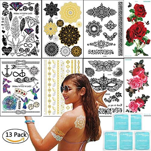 Temporary Tattoos for Women,Long Lasting Tattoo Sticker for Girls,Waterproof Stickers Gold and Sliver,Large Sheets and Clean Wipes