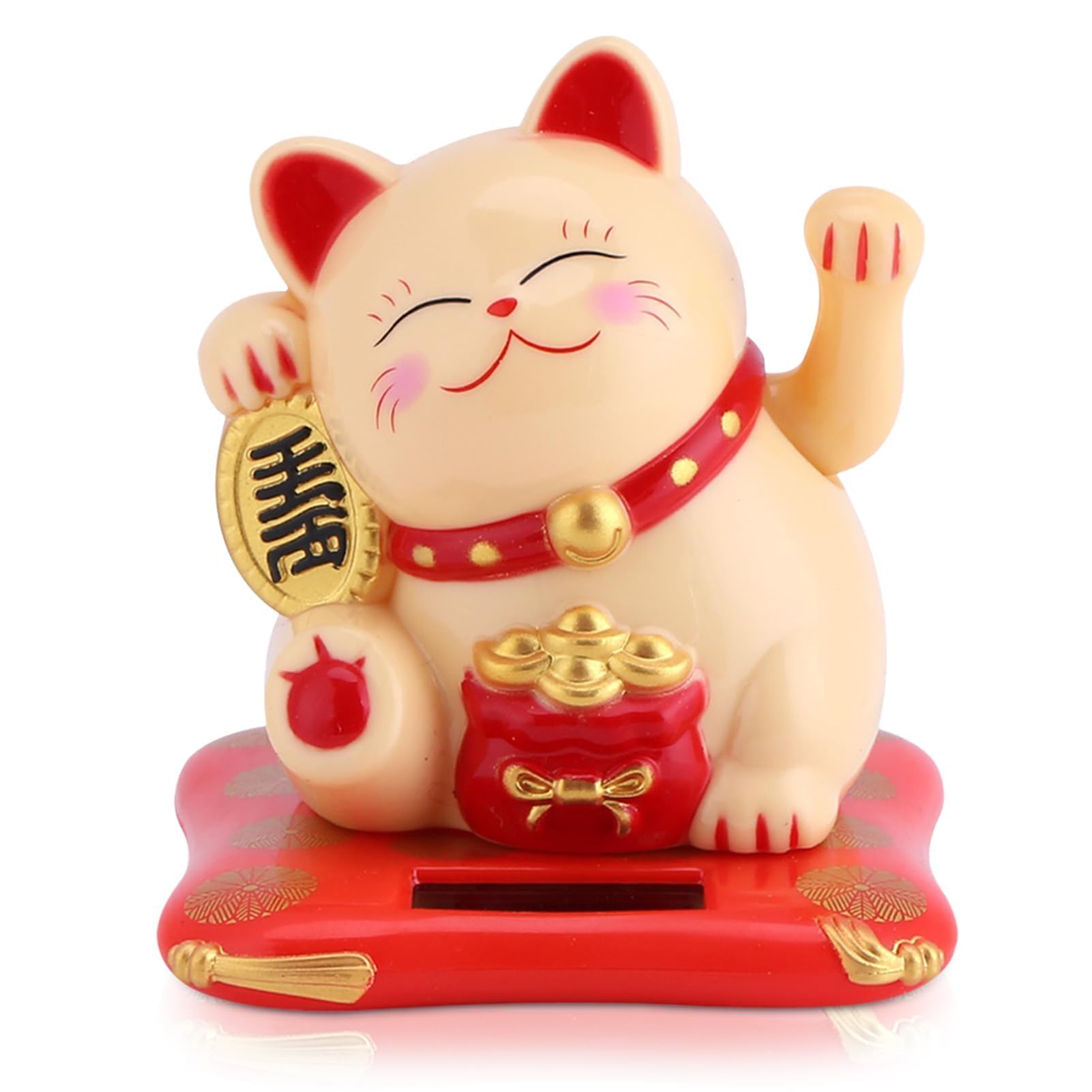 Lucky Cat, Mini Maneki Neko Japanese Cat Statue with Waving Arm Solar Powered for Home Car Dashboard Decor(Yellow)