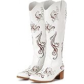 IUV Cowboy Boots for Women Sparkly Rhinestone Cowgirl Boots with Embroidery,Pointed Toe Chunky Knee High Western Boots