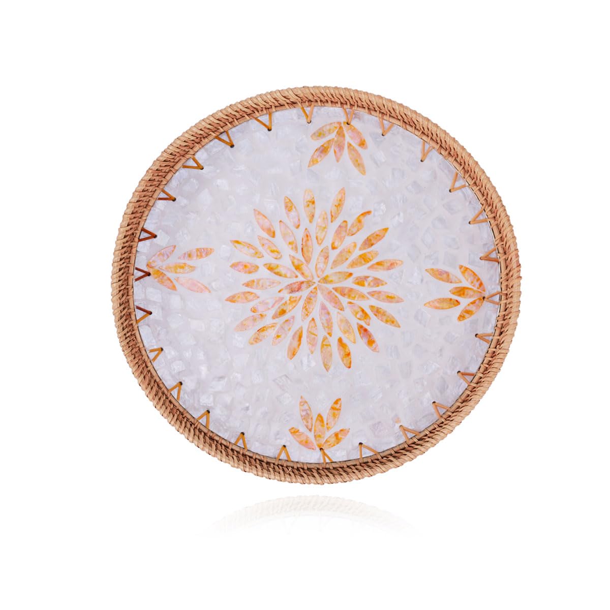 Shellac Inlay Shellac Rattan Tray with Mother of Pearl Inlay, Round Decorative ...