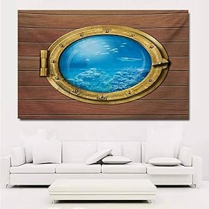 ParadiseDecor Shark Decals Submarine Chamber Window with A View of Coral Reef Swimming Fishes Print Wall Stickers for Kids 32x24 Inch