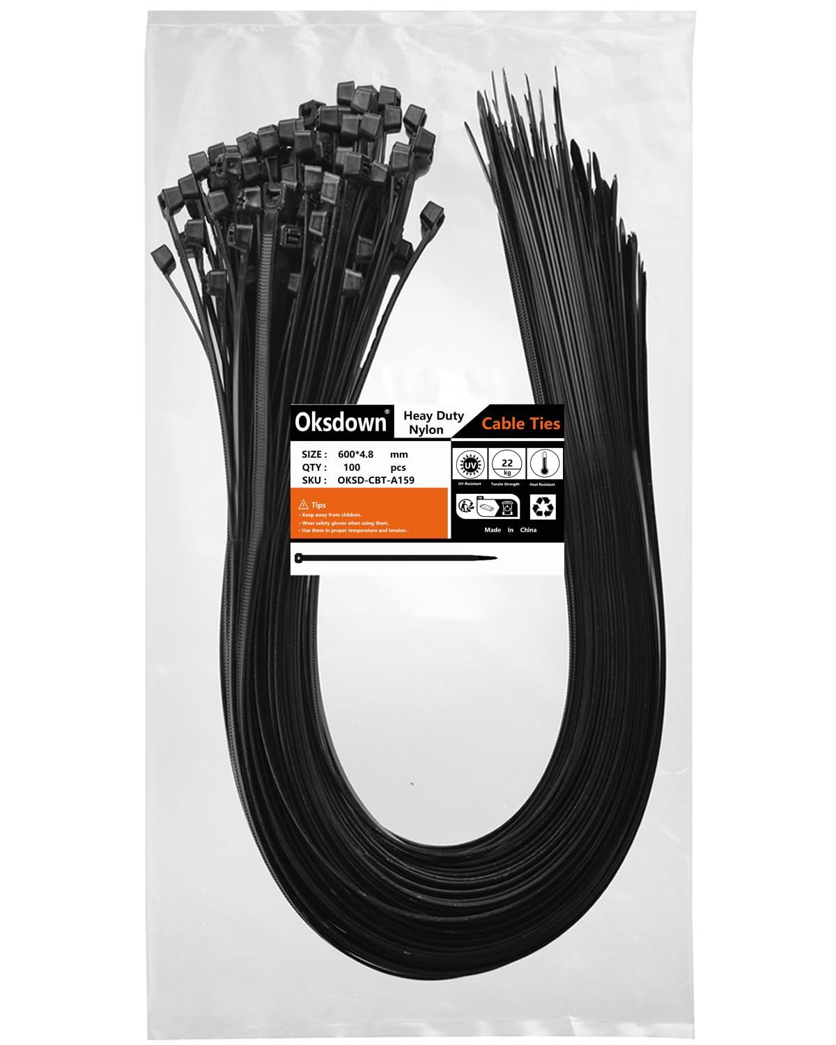 Oksdown 100 Pack Black Thick Cable Ties Heavy Duty Large 600mm×4.8mm Strong Nylon Plastic Self Locking 24 inch/60 cm Extra Long Zip Tie Wraps
