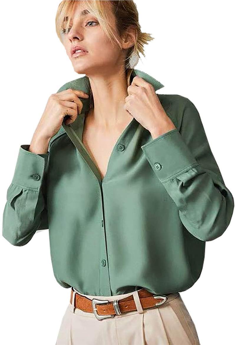 Cantonwalker Women's Long Sleeve Shirt Loose Casual Professional Button Blouse for Women 5005
