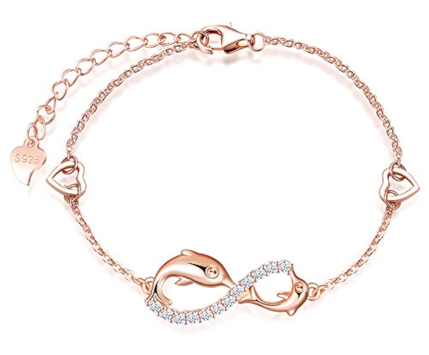 MicLee Woman's girl's Bracelet, 925 Sterling Silver bracelet, Dolphin and infinity symbol bracelet, with mini hollow heart, Inlaid zircon, adjustable chain, design of animal bracelet