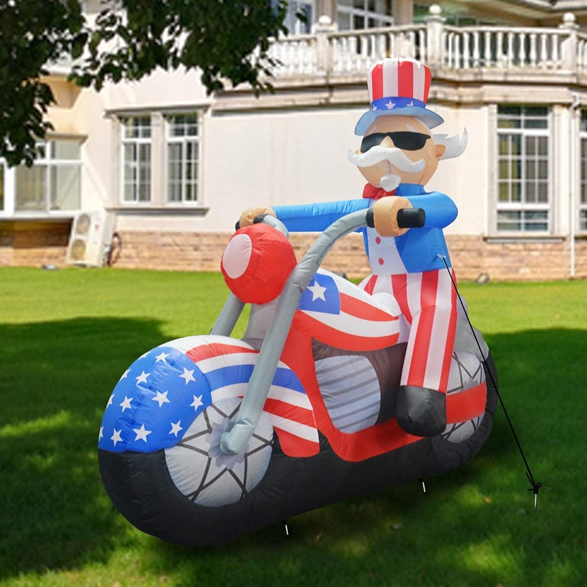 GOOSH 6 ft Tall Patriotic Independence Day Inflatable Uncle Sam Sitting on Motorcycle Blowup Inflatables with Build-in LED Lights for Party Indoor,Outdoor,Yard,Garden,Lawn Decorations 5 Instructions