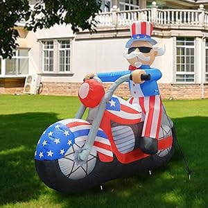 GOOSH 6 ft Tall Patriotic Independence Day Inflatable Uncle Sam Sitting on Motorcycle Blowup Inflatables with Build-in LED Lights for Party Indoor,Outdoor,Yard,Garden,Lawn Decorations 5 Instructions