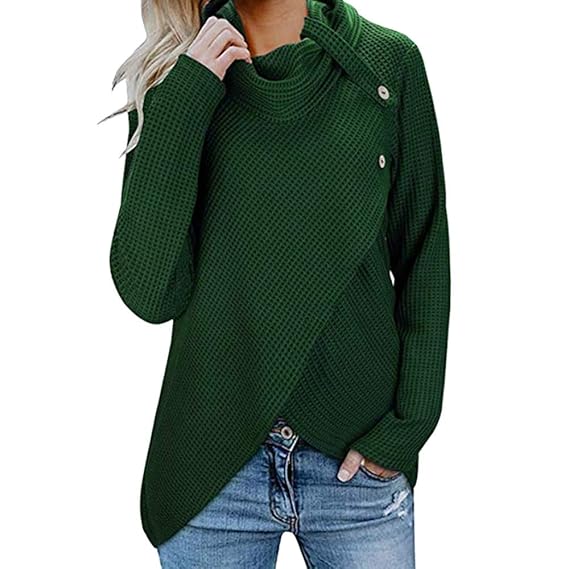 women's chunky turtle cowl neck asymmetric hem wrap sweater coat with button details