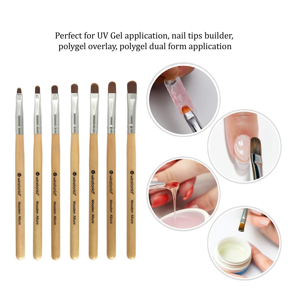 Winstonia 7pcs Gel Nail Brush Set for Nail Tips Builder & Overlay, Sculpting, Poly Gel, and Extensions. Oval Size Brushes Manicure Painting Pen - WOODEN ALLURE : Beauty