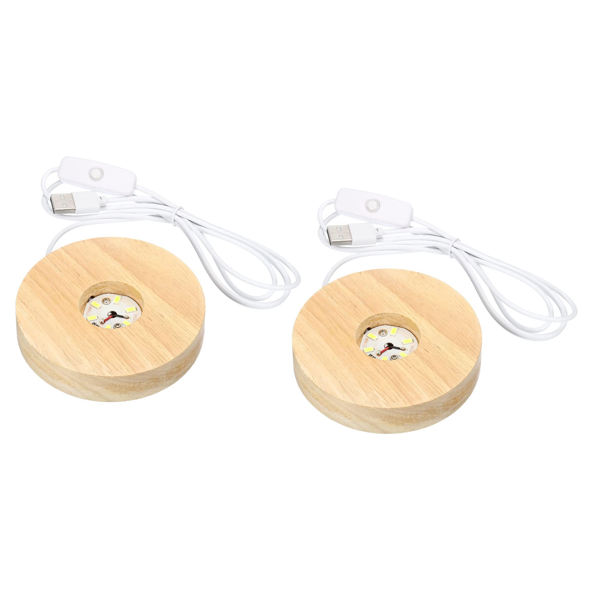 PATIKIL Wooden LED Light Base Stand, 2 Packs Round Wooden 3.94" Dia White Lights Display Pedestals for Crystal Glass Art Decorations, Wood Color