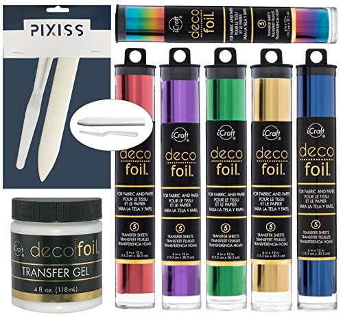 Deco Foil Transfer Sheets, Red, Vibrant Rainbow, Green, Deep Blue, Purple, Gold Bundle with Transfer Gel and Pixiss Bone Folder and Knife Spreader Tool Set