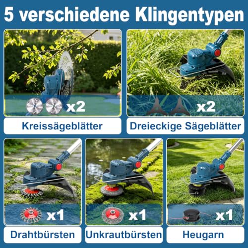 Akku Rasentrimmer für Makita Rasentrimmer Akkus mit 5 Klingentypen Bürstenlose Rasentrimmer mit Unkrautbürste mit Tap&go (ohne Akku) (Blue) | Without battery and brushless grass trimmer