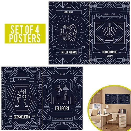 Matching Set of Four 11X17 Startup Life Art Prints - Software Statup Tech Wall Arts Decor with Included Double Sided Mounting Tape - Posters with a Futuristic Design - Geniuses Edition!