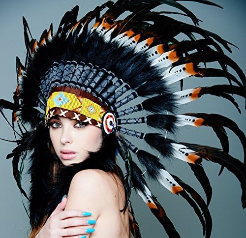 Native American Indian Headdress Feathers Head Piece Warbonnet Short (Many Styles) (SH019 (Black w/ Dots))